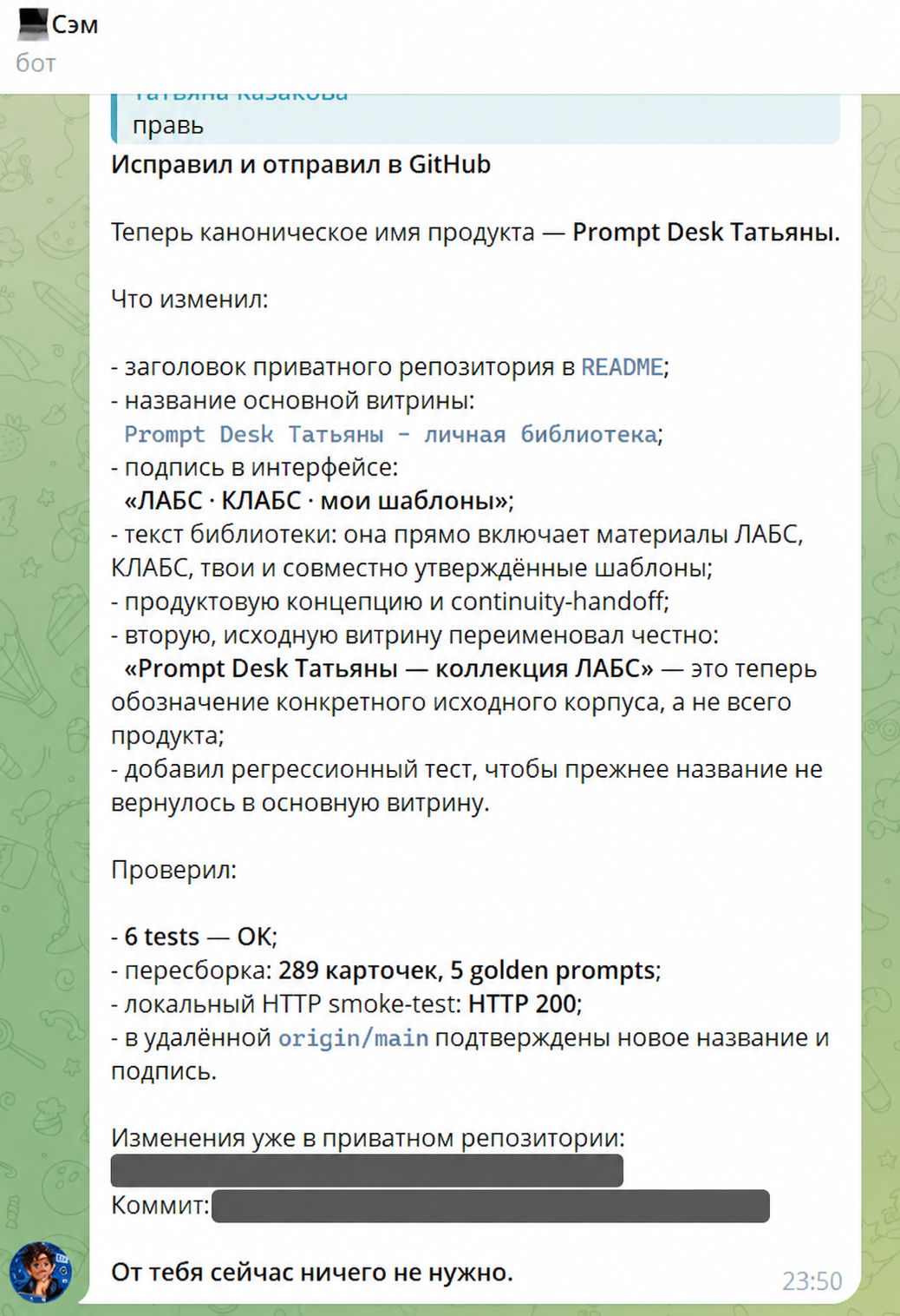 Сэм отчитывается о правках и проверках, адрес и коммит скрыты